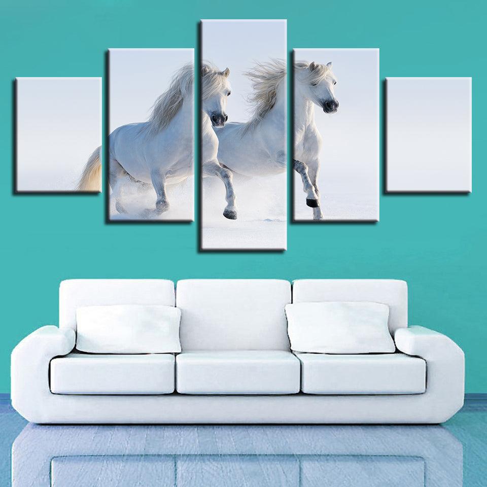 Two Running Horses 5 Piece HD Multi Panel Canvas Wall Art Frame - Original Frame