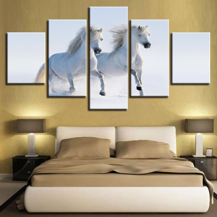 Two Running Horses 5 Piece HD Multi Panel Canvas Wall Art Frame - Original Frame