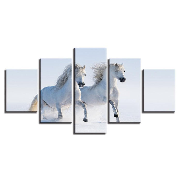 Two Running Horses 5 Piece HD Multi Panel Canvas Wall Art Frame - Original Frame