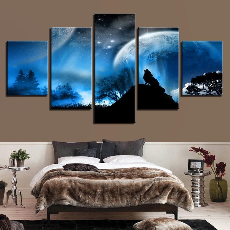 Wolf Howling 5 Piece HD Multi Panel Canvas Wall Art Frame - Original Frame