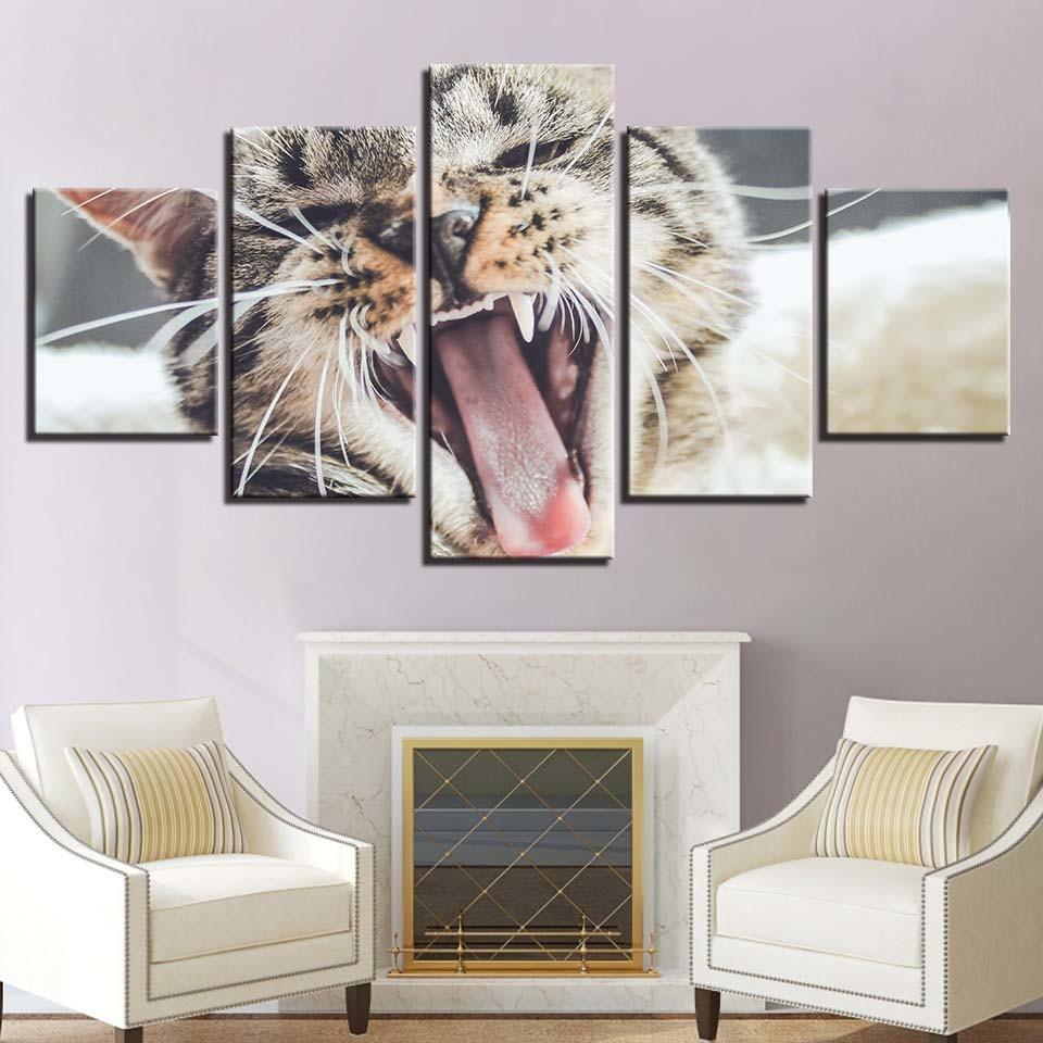 Yawning Cat 5 Piece HD Multi Panel Canvas Wall Art Frame - Original Frame