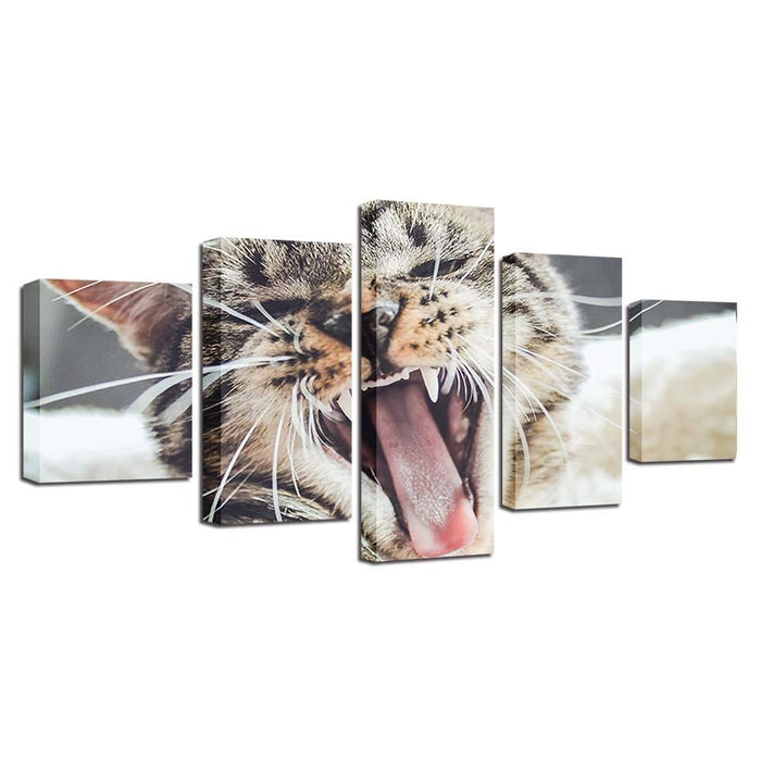 Yawning Cat 5 Piece HD Multi Panel Canvas Wall Art Frame