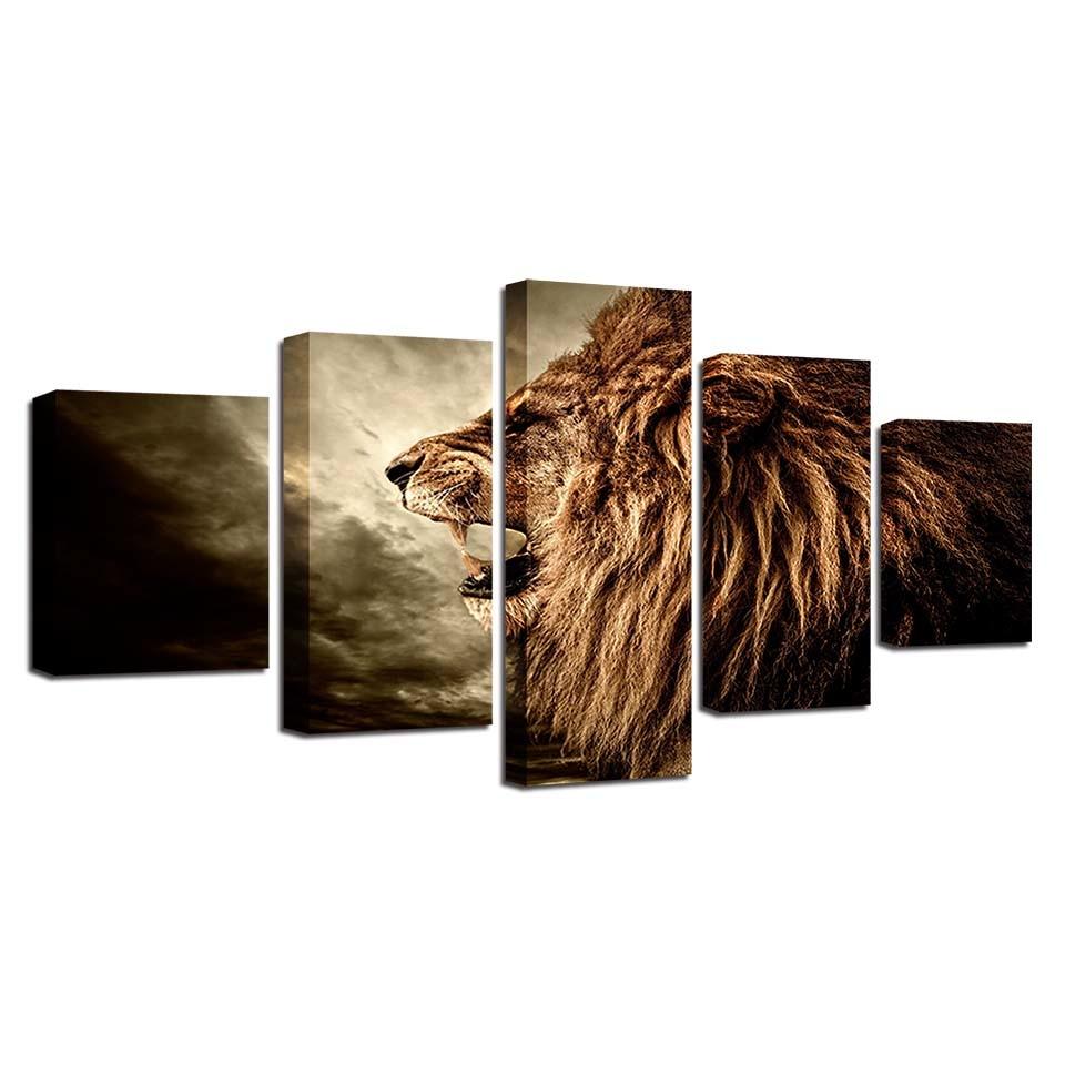 Lion Wild Animal Frame 5 Piece HD Multi Panel Canvas Wall Art Frame - Original Frame