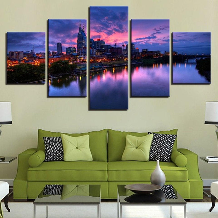 Buildings at Night 5 Piece HD Multi Panel Canvas Wall Art Frame - Original Frame