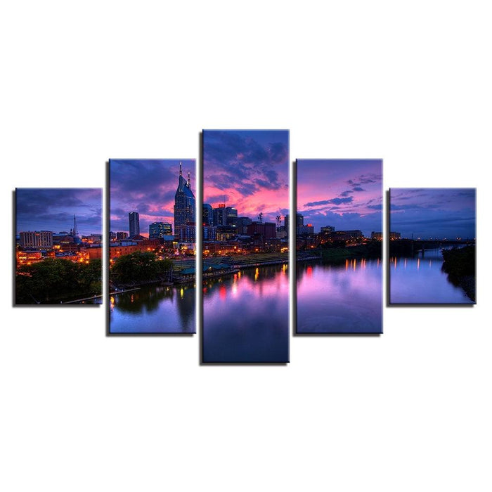 Buildings at Night 5 Piece HD Multi Panel Canvas Wall Art Frame - Original Frame