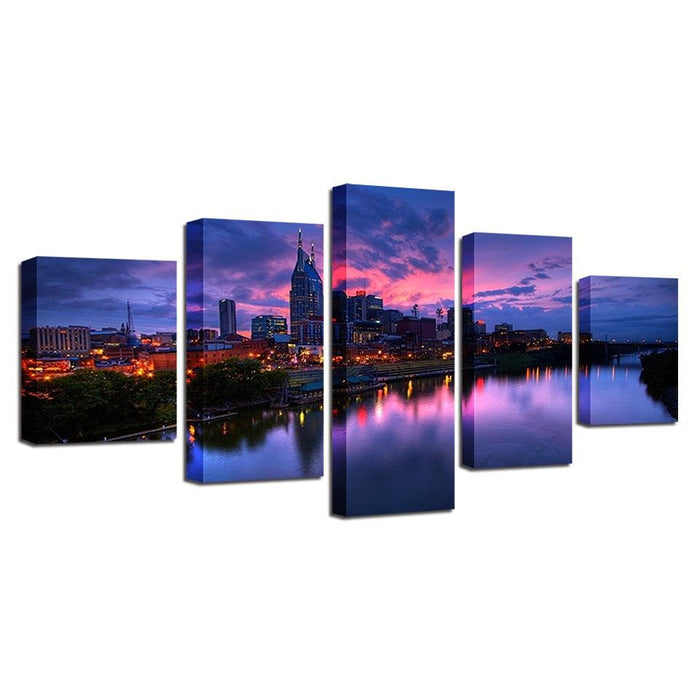 Buildings at Night 5 Piece HD Multi Panel Canvas Wall Art Frame - Original Frame