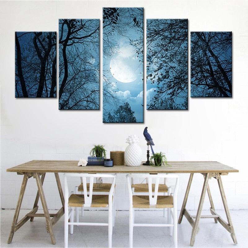Moonlit Forest Night 5 Piece HD Multi Panel Canvas Wall Art Frame - Original Frame