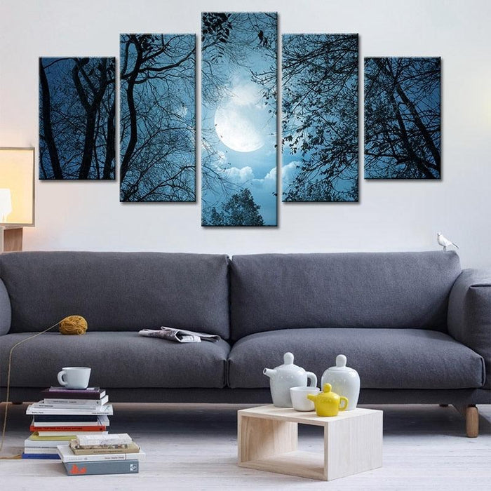 Moonlit Forest Night 5 Piece HD Multi Panel Canvas Wall Art Frame