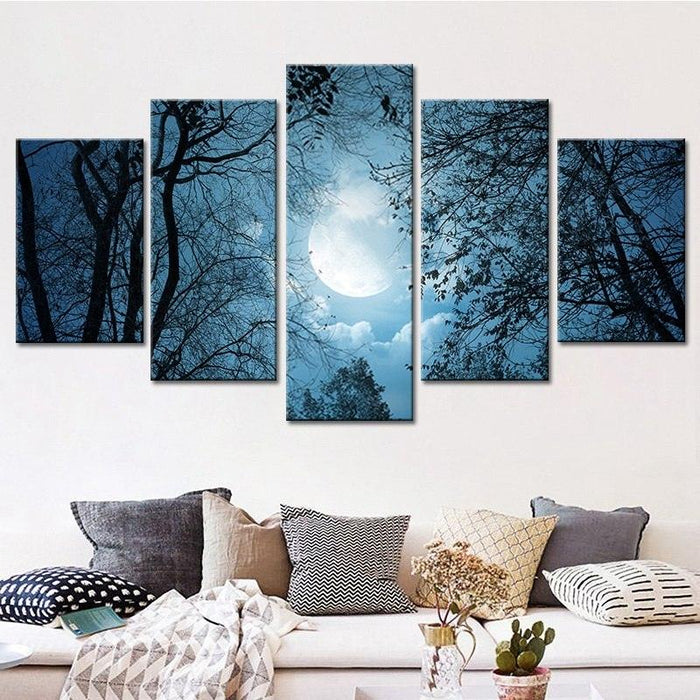Moonlit Forest Night 5 Piece HD Multi Panel Canvas Wall Art Frame