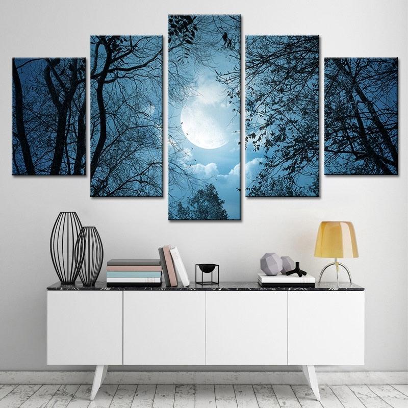 Moonlit Forest Night 5 Piece HD Multi Panel Canvas Wall Art Frame - Original Frame