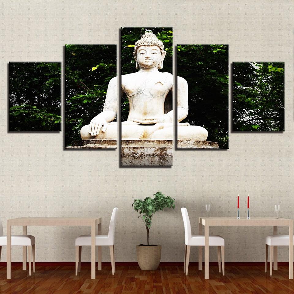 Buddha Statue Under Tree 5 Piece HD Multi Panel Canvas Wall Art Frame - Original Frame