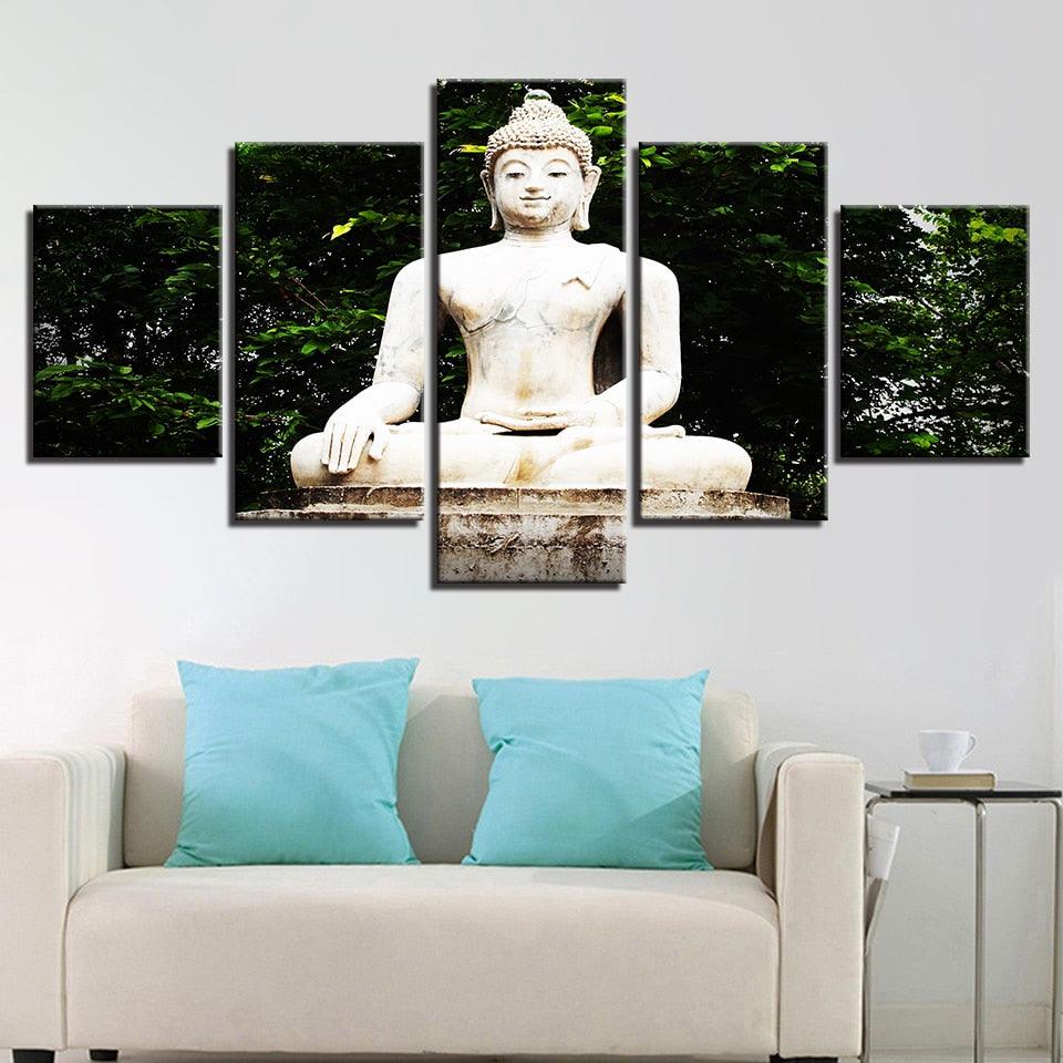 Buddha Statue Under Tree 5 Piece HD Multi Panel Canvas Wall Art Frame - Original Frame