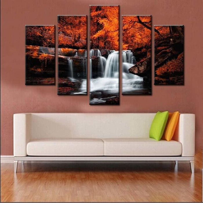 Waterfalls & Autumn 5 Piece HD Multi Panel Canvas Wall Art Frame