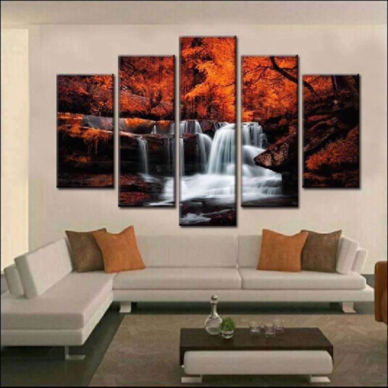Waterfalls & Autumn 5 Piece HD Multi Panel Canvas Wall Art Frame - Original Frame