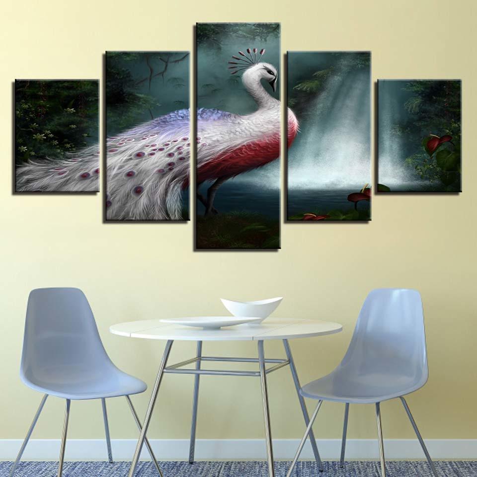 White Peacock 5 Piece HD Multi Panel Canvas Wall Art Frame - Original Frame