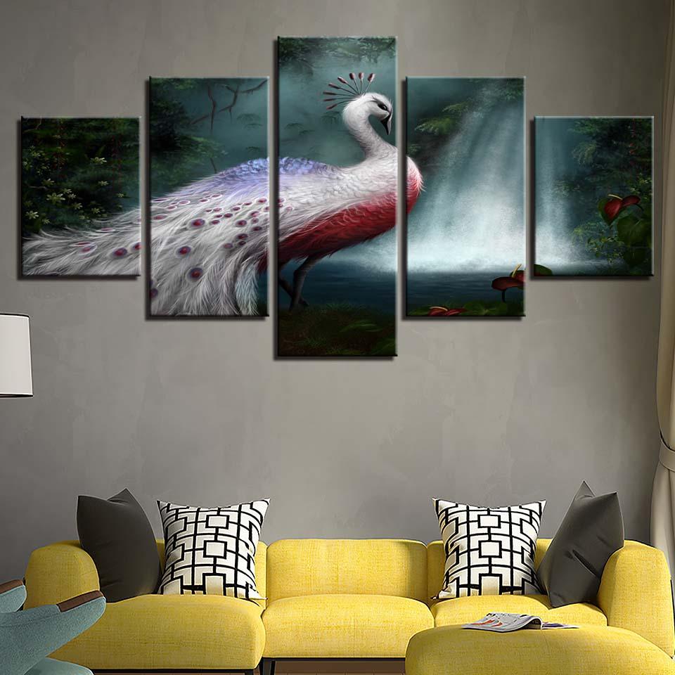 White Peacock 5 Piece HD Multi Panel Canvas Wall Art Frame - Original Frame