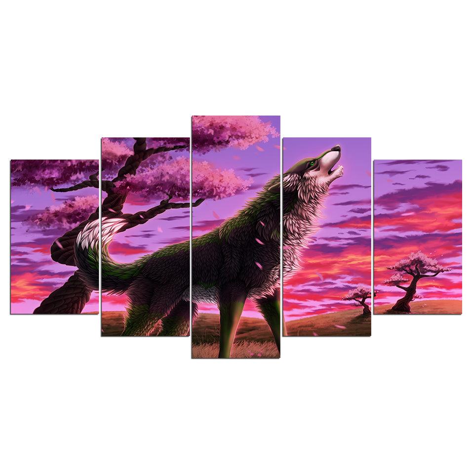 Animal Wolf Blossom 5 Piece HD Multi Panel Canvas Wall Art Frame - Original Frame