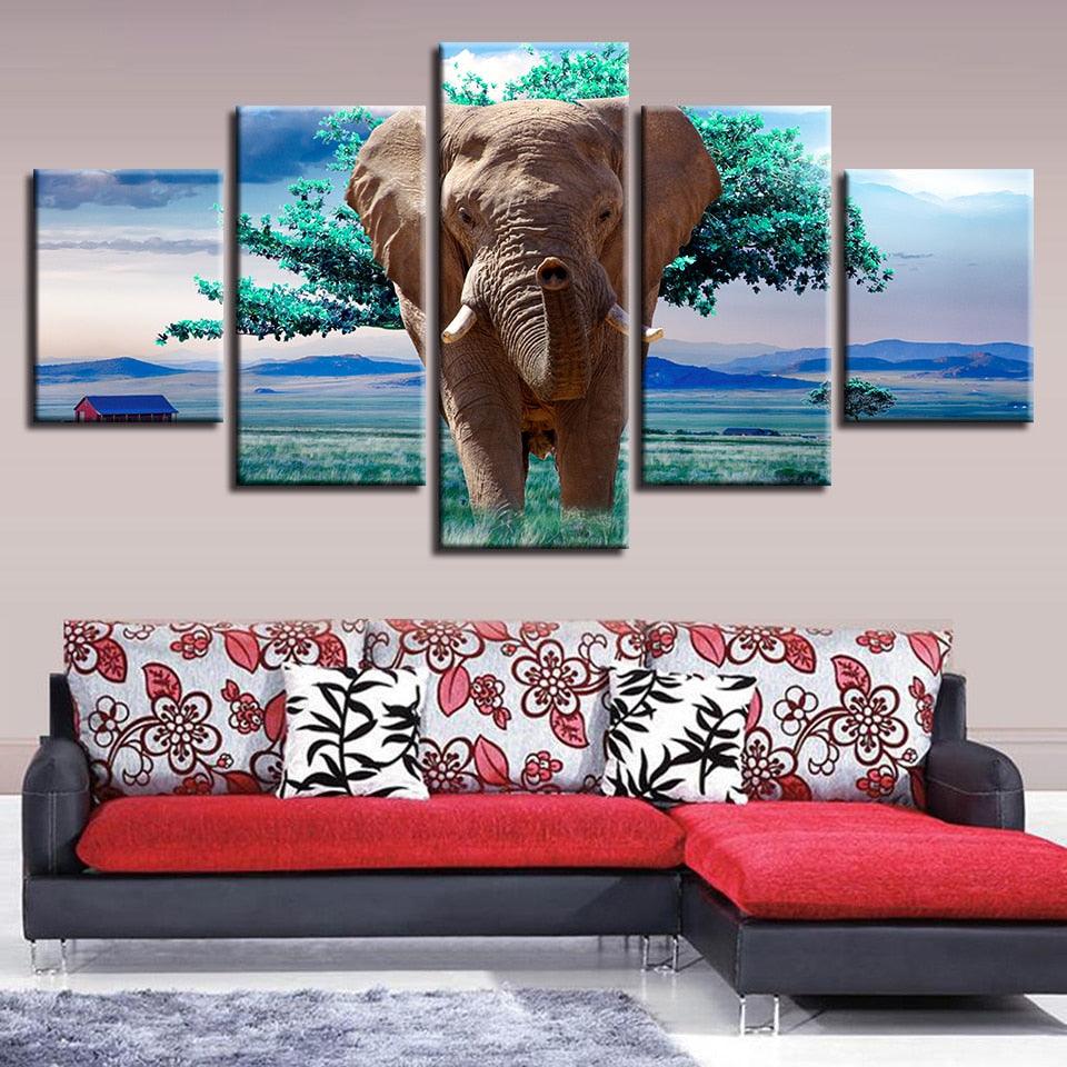 Elephants And Green Trees 5 Piece HD Multi Panel Canvas Wall Art Frame - Original Frame