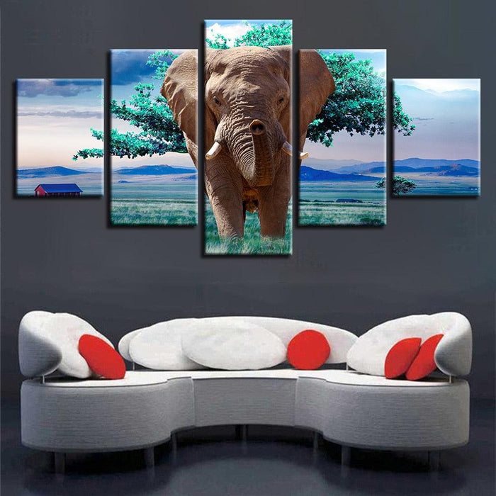 Elephants And Green Trees 5 Piece HD Multi Panel Canvas Wall Art Frame