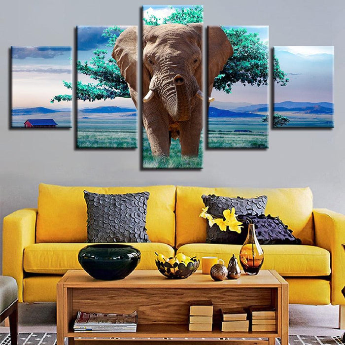 Elephants And Green Trees 5 Piece HD Multi Panel Canvas Wall Art Frame - Original Frame