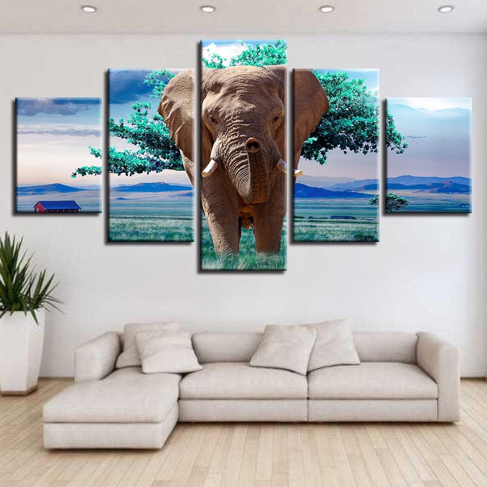 Elephants And Green Trees 5 Piece HD Multi Panel Canvas Wall Art Frame - Original Frame