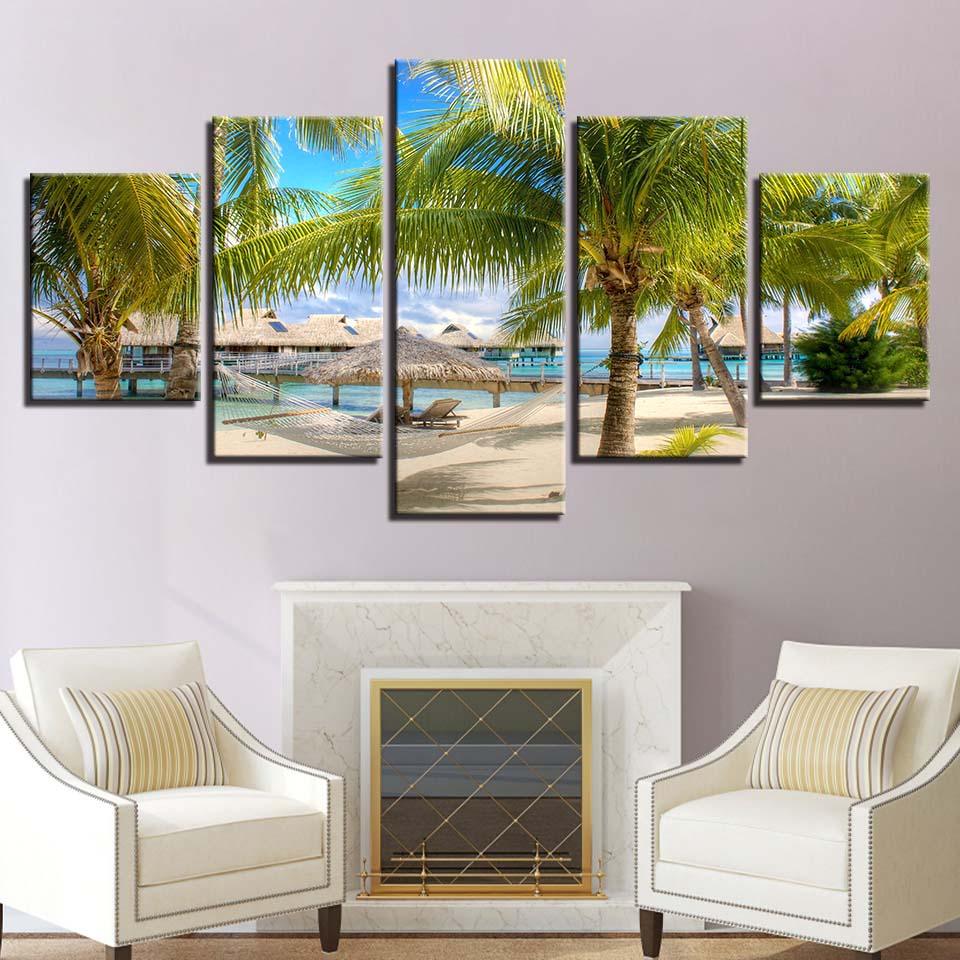 Coconut Trees Beach 5 Piece HD Multi Panel Canvas Wall Art Frame - Original Frame