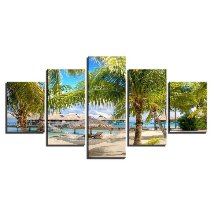 Coconut Trees Beach 5 Piece HD Multi Panel Canvas Wall Art Frame