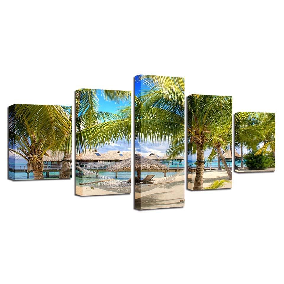 Coconut Trees Beach 5 Piece HD Multi Panel Canvas Wall Art Frame - Original Frame