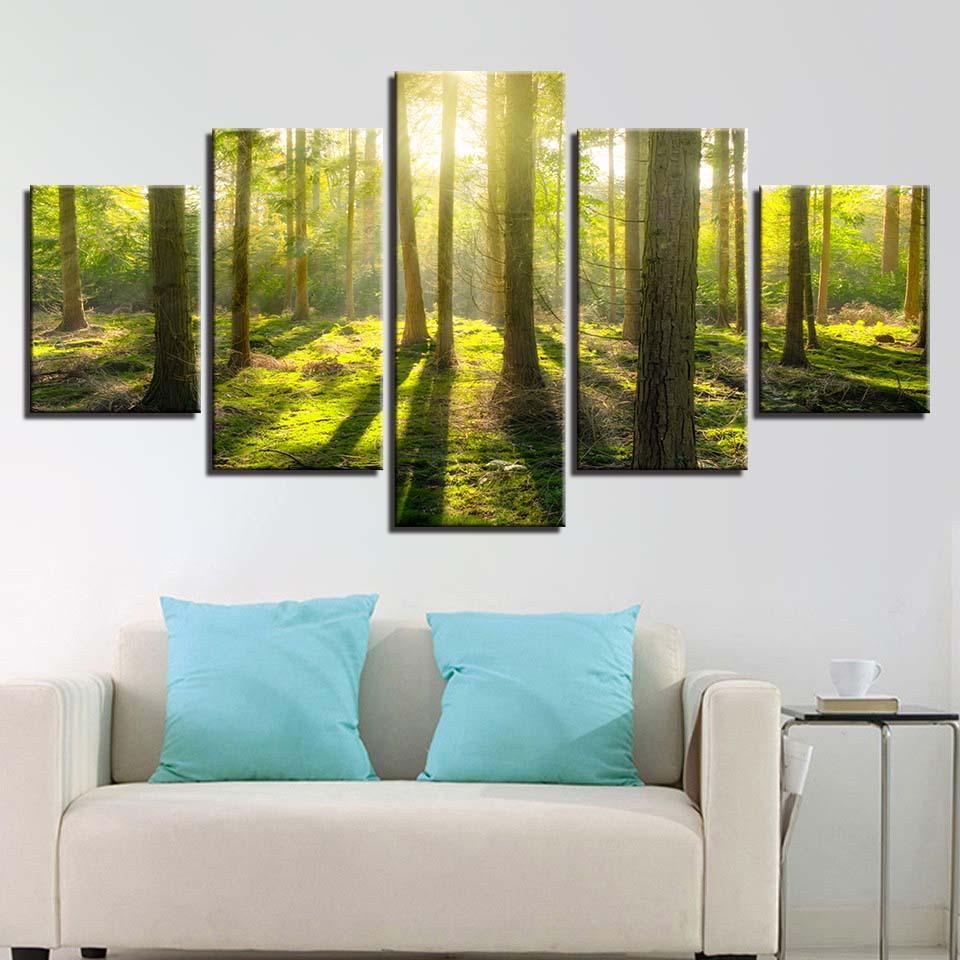 Sunlit Woods 5 Piece HD Multi Panel Canvas Wall Art Frame - Original Frame