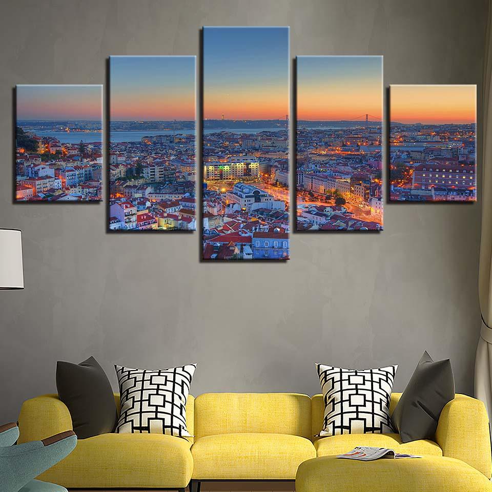Beautiful City Sunrise 5 Piece HD Multi Panel Canvas Wall Art Frame - Original Frame