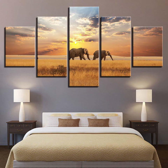 Elephants 5 Piece HD Multi Panel Canvas Wall Art Frame - Original Frame