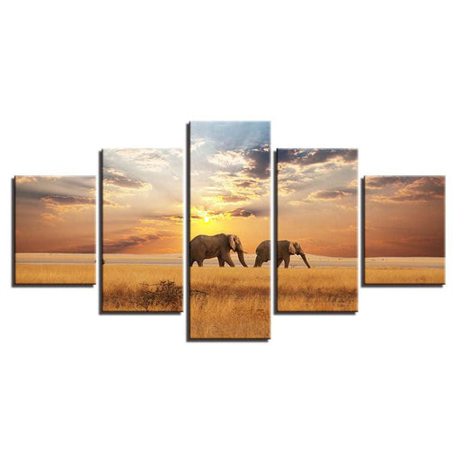 Elephants 5 Piece HD Multi Panel Canvas Wall Art Frame - Original Frame