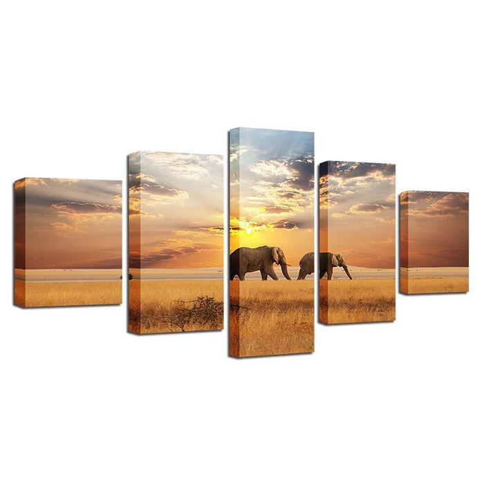 Elephants 5 Piece HD Multi Panel Canvas Wall Art Frame - Original Frame