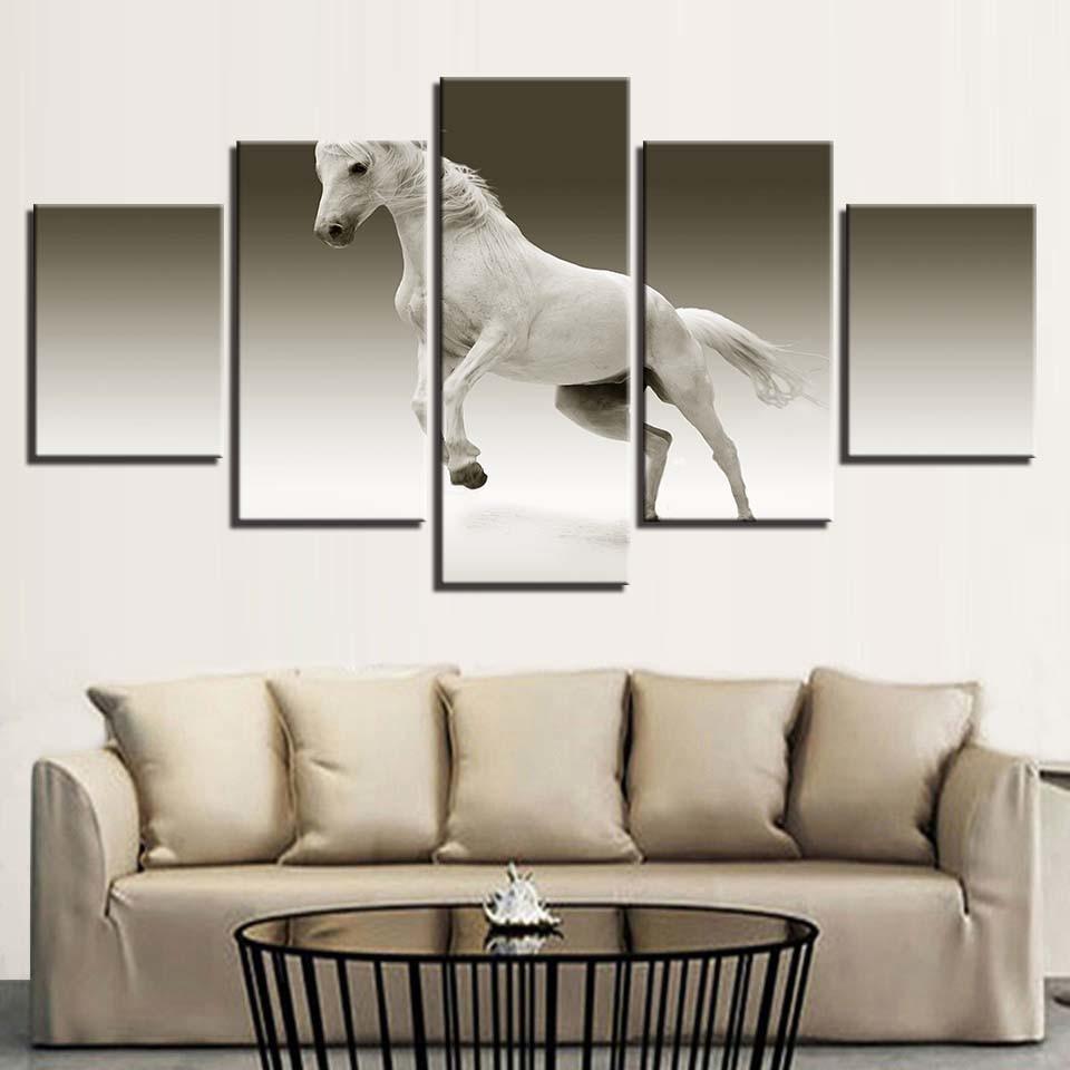 Animal White Horse 5 Piece HD Multi Panel Canvas Wall Art Frame - Original Frame