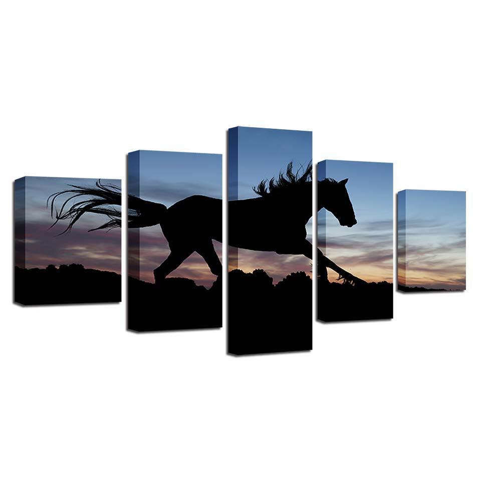 Running Horse In Sunset 5 Piece HD Multi Panel Canvas Wall Art Frame - Original Frame