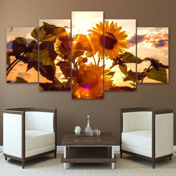 Sunflower Sunset 5 Piece HD Multi Panel Canvas Wall Art Frame