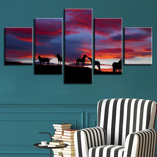 Horses Sunset 5 Piece HD Multi Panel Canvas Wall Art Frame - Original Frame