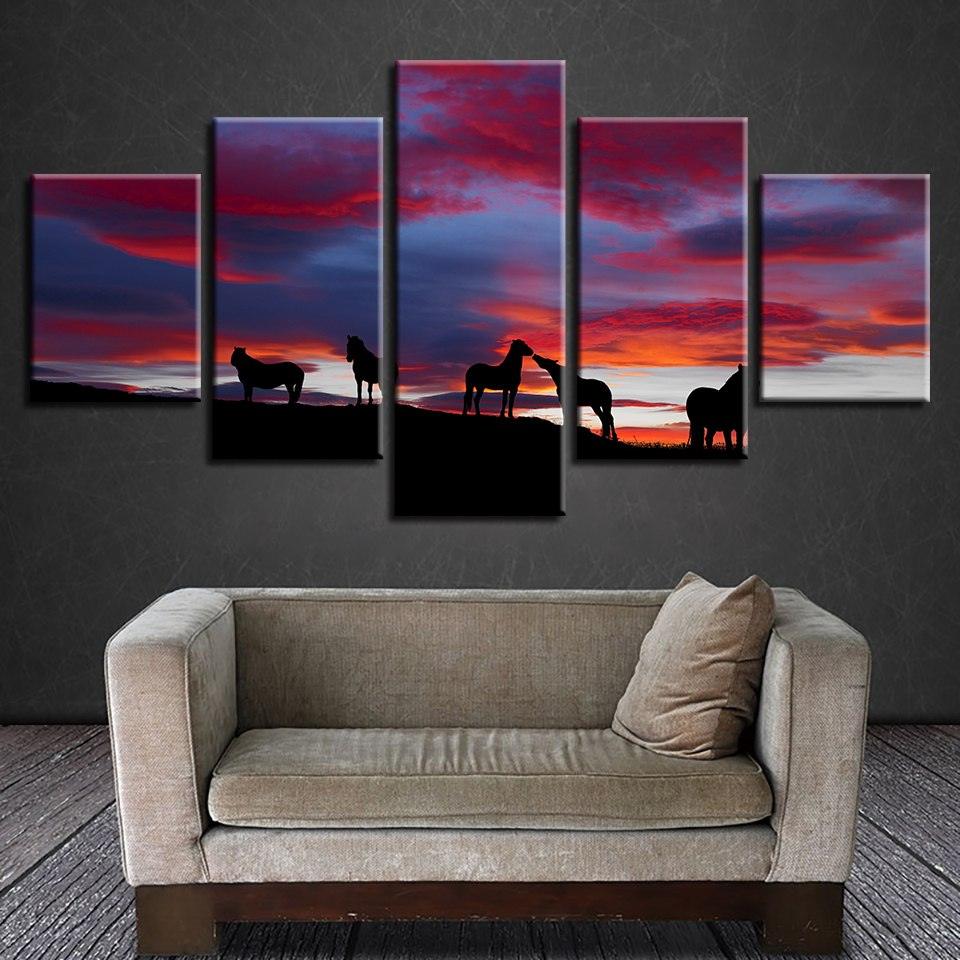 Horses Sunset 5 Piece HD Multi Panel Canvas Wall Art Frame - Original Frame