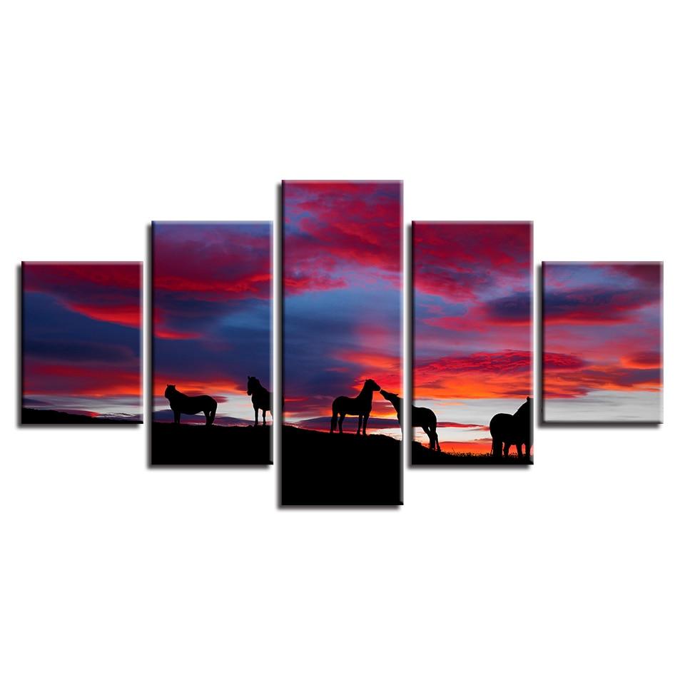 Horses Sunset 5 Piece HD Multi Panel Canvas Wall Art Frame - Original Frame