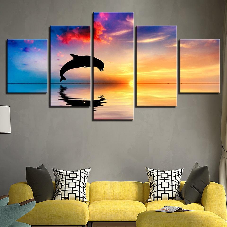 Dolphins Jump Out Of Sea 5 Piece HD Multi Panel Canvas Wall Art Frame - Original Frame