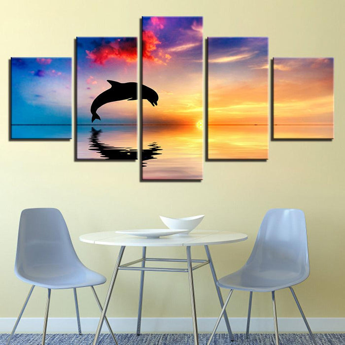 Dolphins Jump Out Of Sea 5 Piece HD Multi Panel Canvas Wall Art Frame