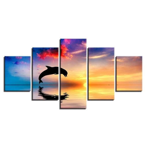 Dolphins Jump Out Of Sea 5 Piece HD Multi Panel Canvas Wall Art Frame - Original Frame