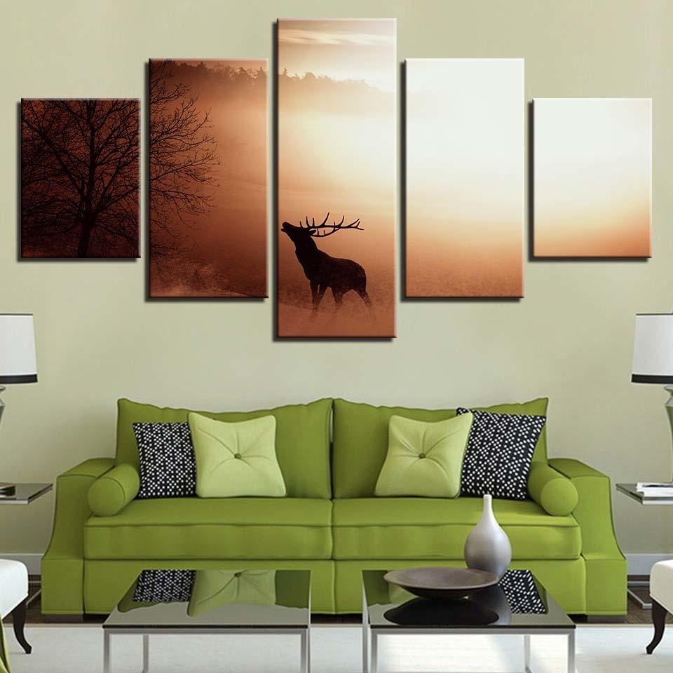 Elk in the Sunrise 5 Piece HD Multi Panel Canvas Wall Art Frame - Original Frame