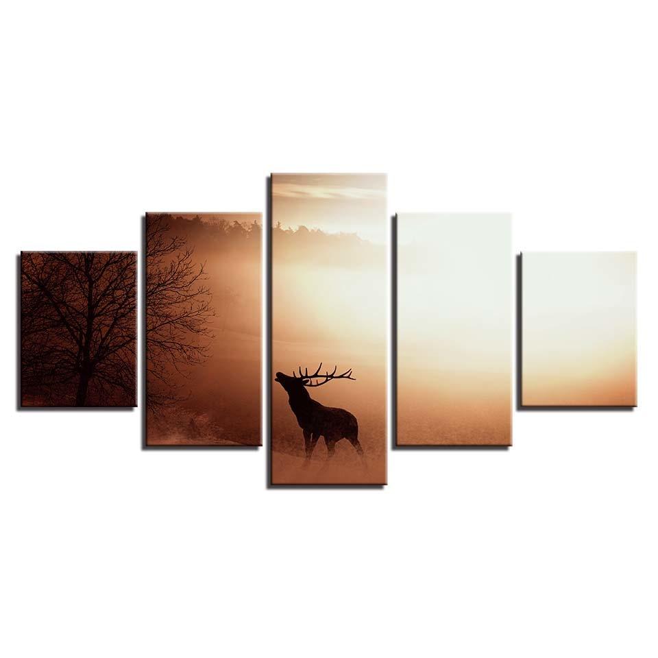 Elk in the Sunrise 5 Piece HD Multi Panel Canvas Wall Art Frame - Original Frame