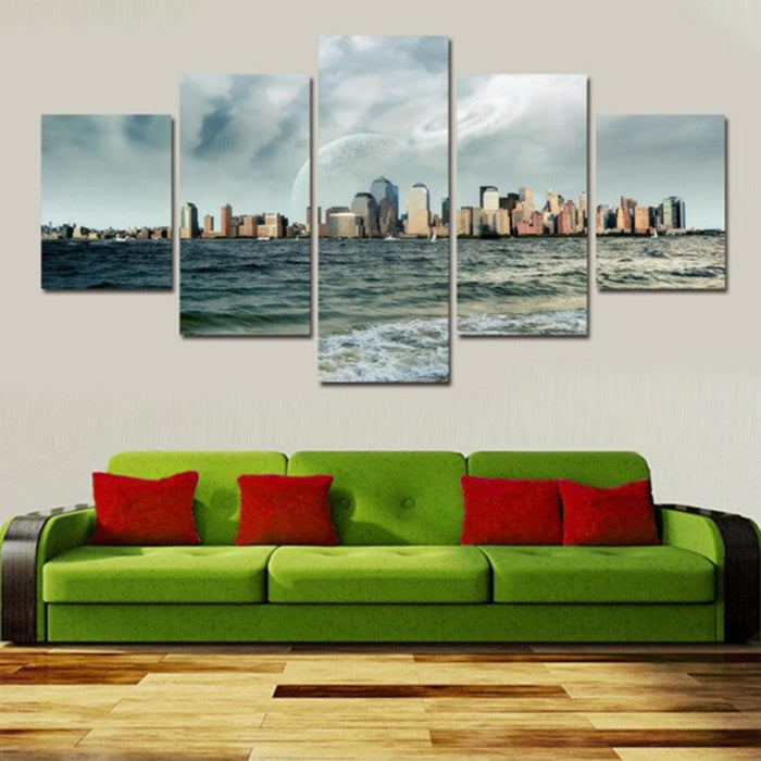 Water Buildings 5 Piece HD Multi Panel Canvas Wall Art Frame - Original Frame