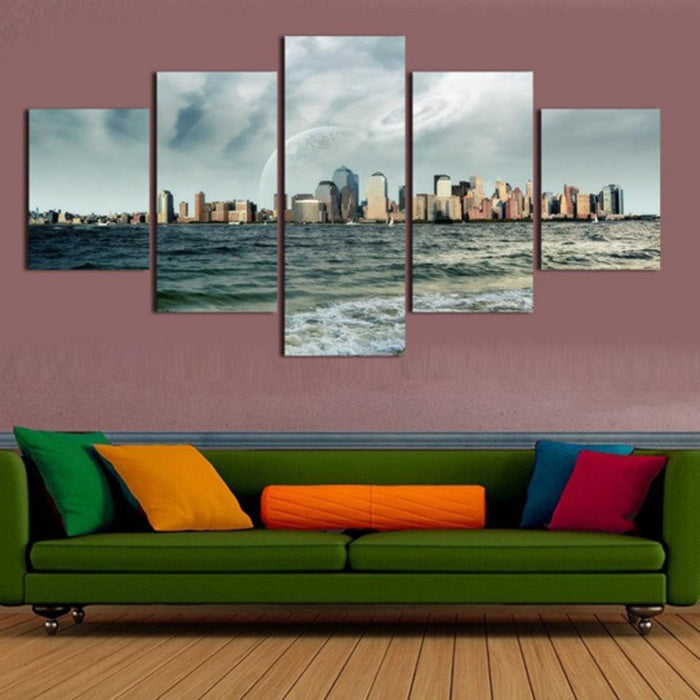 Water Buildings 5 Piece HD Multi Panel Canvas Wall Art Frame - Original Frame