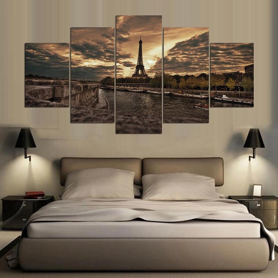 Majestic Eiffel Tower At Twilight 5 Piece HD Multi Panel Canvas Wall Art Frame - Original Frame