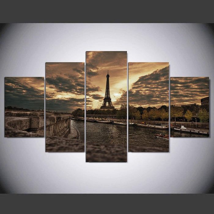 Majestic Eiffel Tower At Twilight 5 Piece HD Multi Panel Canvas Wall Art Frame - Original Frame