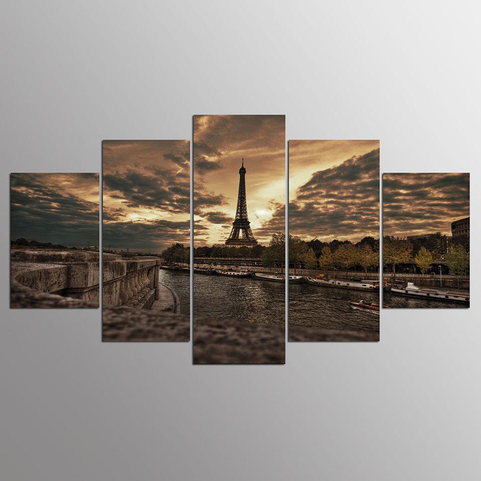 Majestic Eiffel Tower At Twilight 5 Piece HD Multi Panel Canvas Wall Art Frame - Original Frame