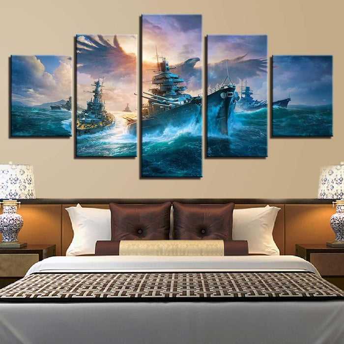 Battleships And Eagle 5 Piece HD Multi Panel Canvas Wall Art Frame - Original Frame